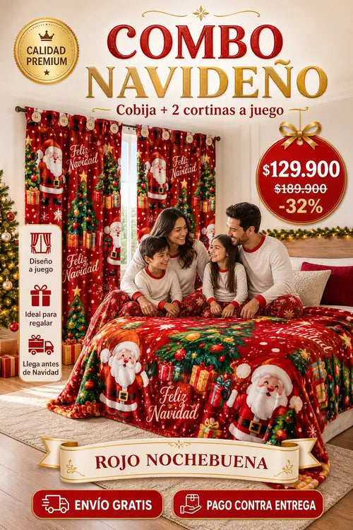 Combo navideño cobija + 2 cortinas, diseño Rojo Nochebuena