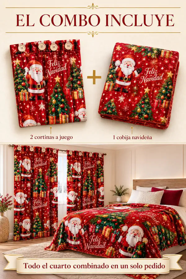 El combo incluye 1 cobija navideña y 2 cortinas a juego